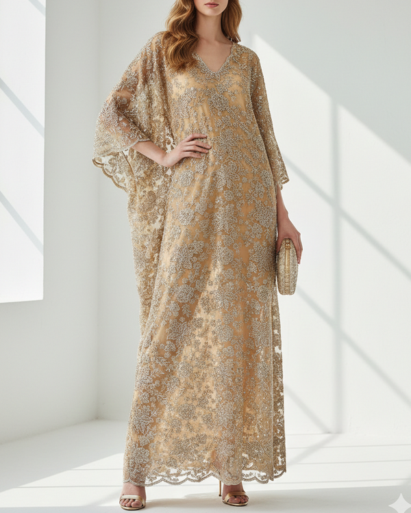 Golden Imported Net Fabric With All Over Zari, Katdana, Sequins And Bead Work 21615