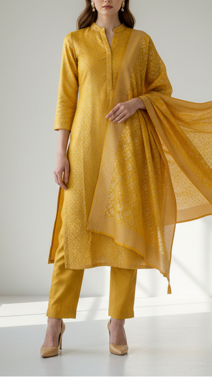 Yellow Banarasi Brocade Fabric With All Over Golden Zari Handloom  19041