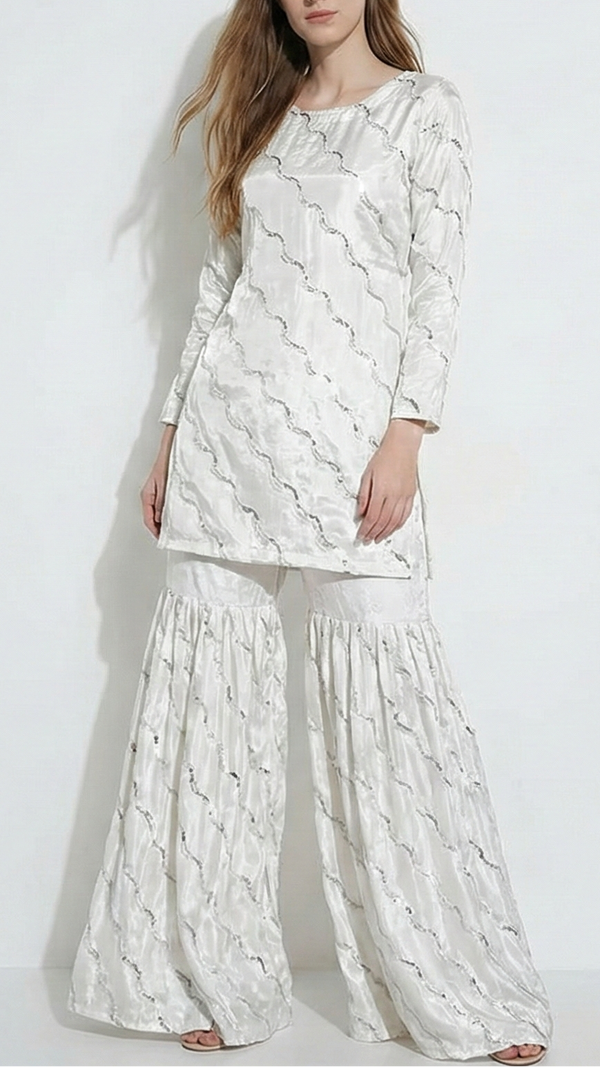 White Dyeable Crepe Fabric with Allover Strips of Silver Katdana, Sequins and Bead Work 21076