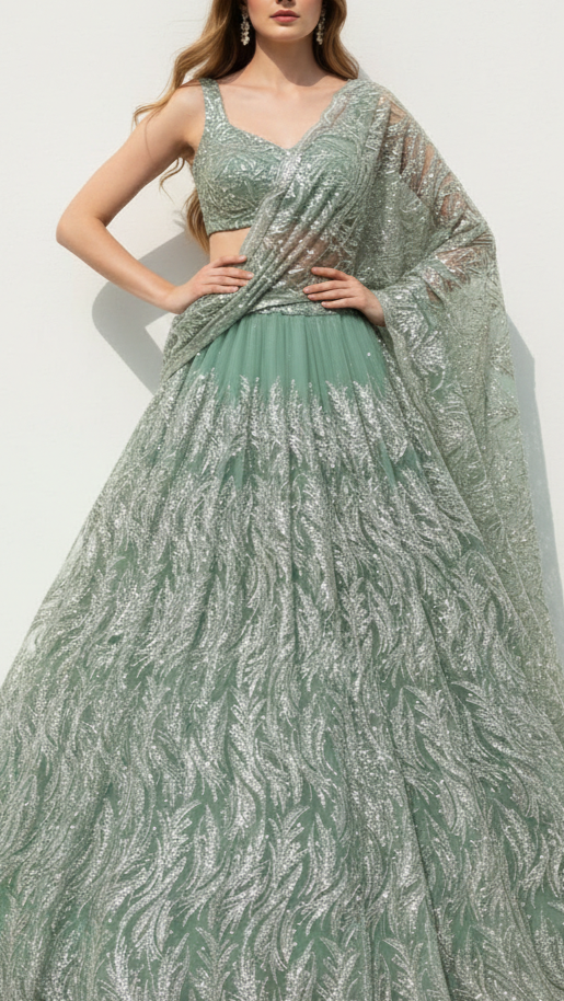 Sea Green Imported Net Fabric With All Over Sequins And Beads Work 22085
