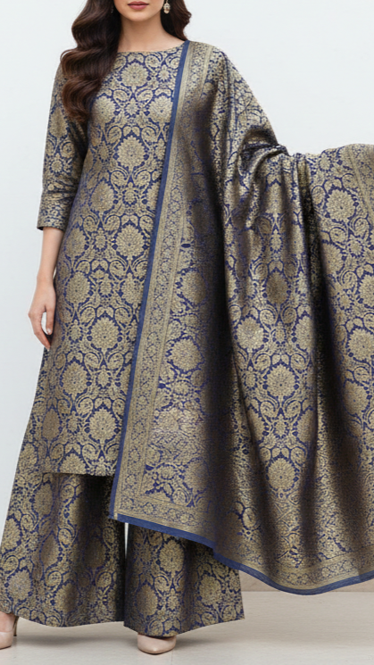 Greyish Blue Banarasi Brocade Fabric With All Over Golden Zari Handloom 21599