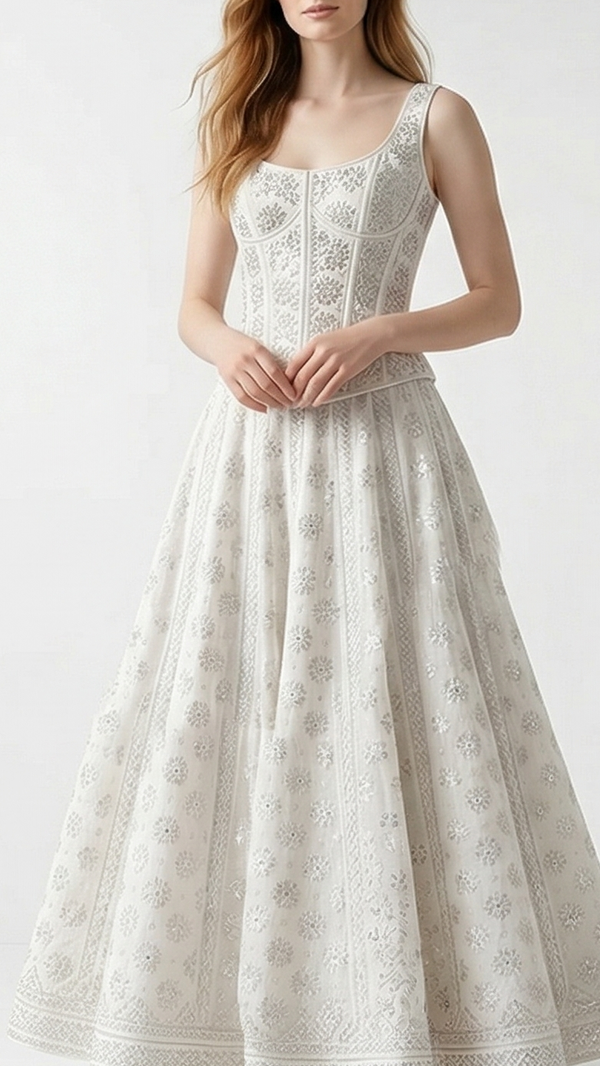The Noor - White Dyeable Cotton Fabric With All Over Sequins And Thread Work | 22501