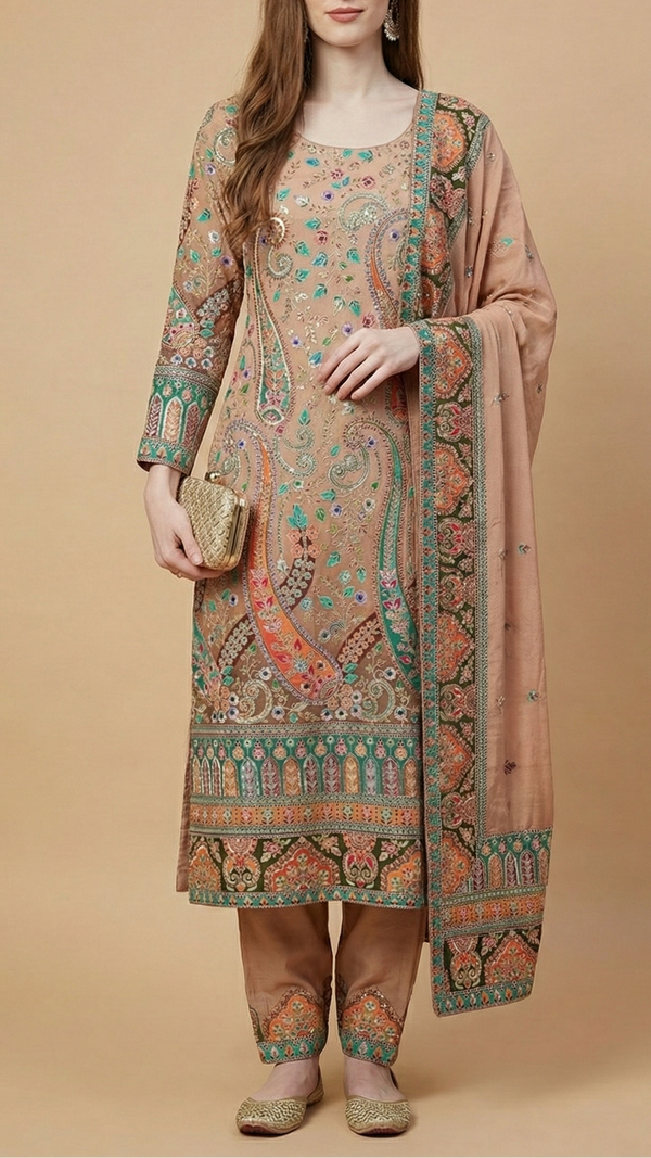 Brown Crepe Fabric With All Over Zari And Sequins Work With One Side Border 20466