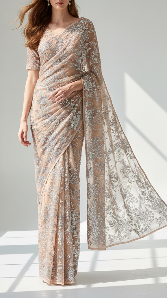 Peach Imported Net Fabric With All Over Bead And Sequins Work 22089