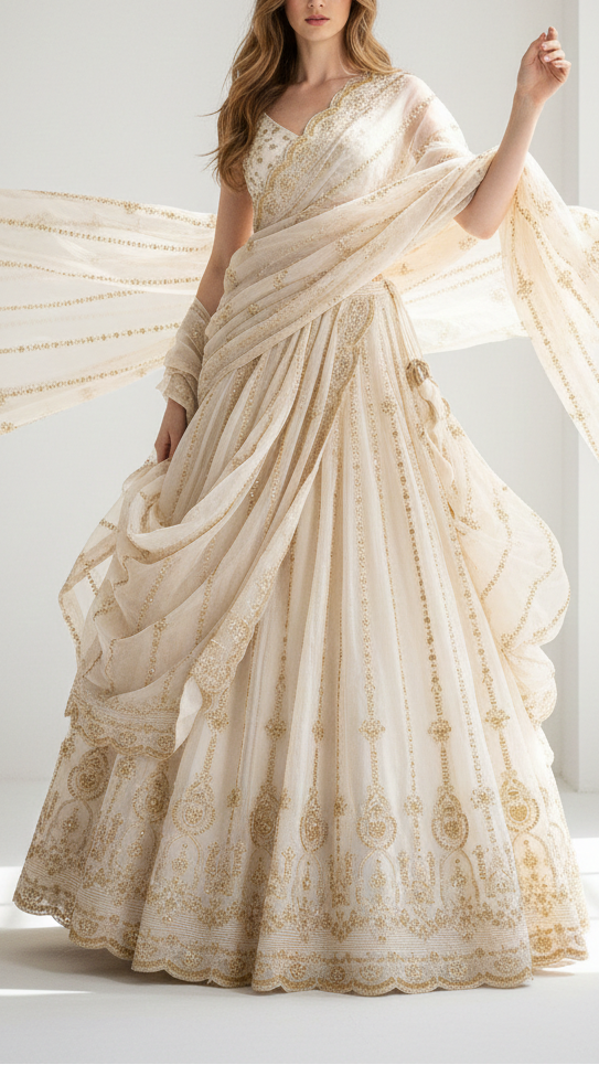 White Dyeable Georgette Fabric With All Over Sequins, Katdana And Bead Work With One Side Scalloped Border 21488