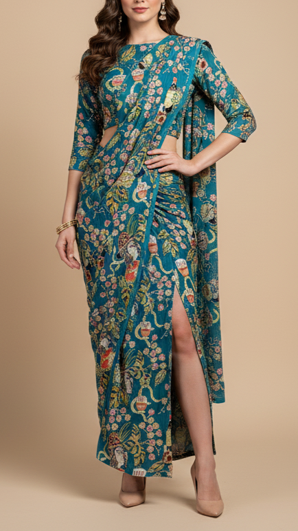 Teal Blue Crepe Fabric with All Over Zari and Sequins Work with Abstract Print 15986