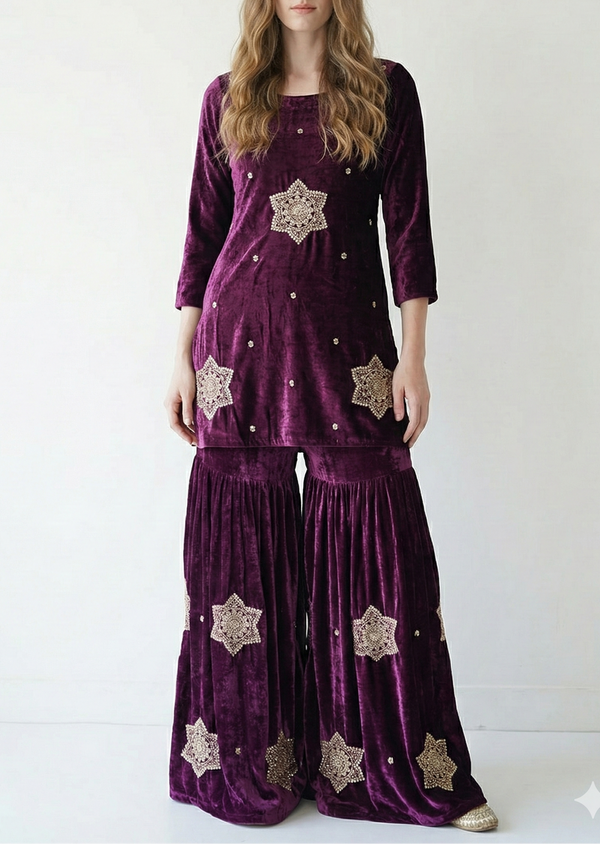 Purple Velvet Fabric With All Over Buti Of Sequins, Katdana and Bead 20987