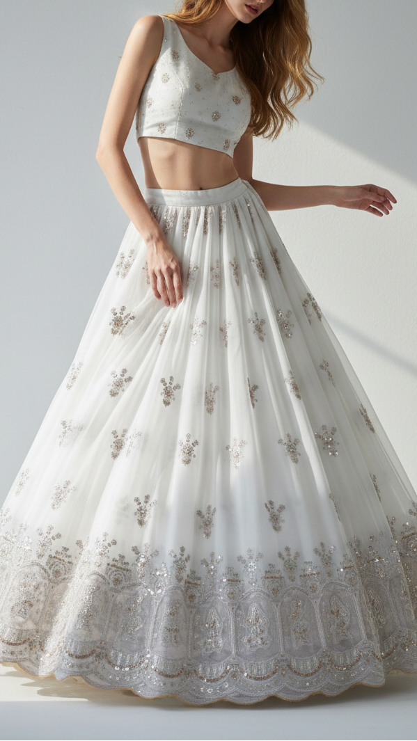 White Dyeable Georgette Fabric With All Over Katdana, Sequins, Zari And One Side Net Cutwork Border 19010