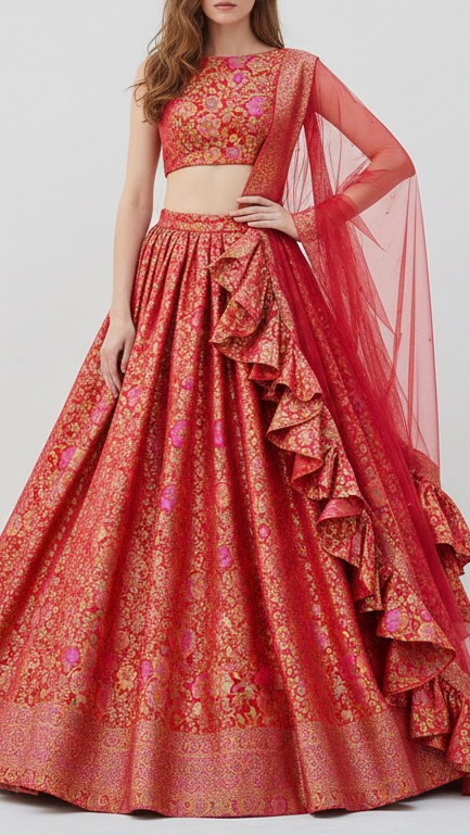 Red Banarasi Brocade Fabric With All Over Thread And Zari Handloom 21265