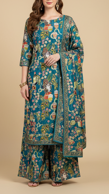Teal Blue Crepe Fabric with All Over Zari and Sequins Work with Abstract Print 15986