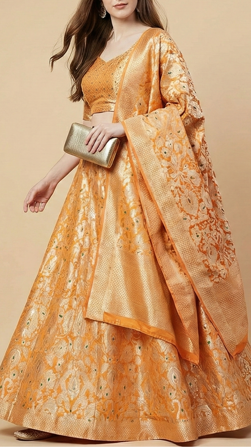 Light Orange Pure Banarasi Brocade Fabric With Thread And Zari Handloom 20016