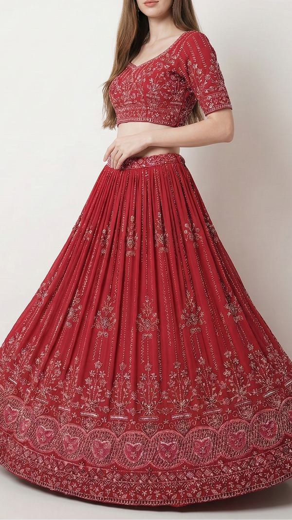 Maroon Georgette Fabric With Allover Sequins, Katdana And Bead Work With Heavy Border 21122