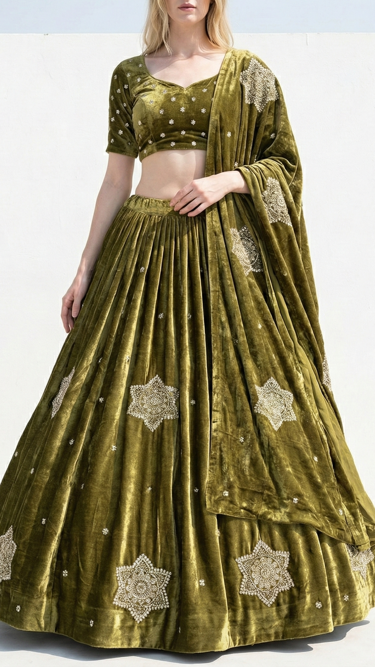 Mehendi Green Velvet Fabric With All Over Buti Of Sequins, Katdana and Bead 20985