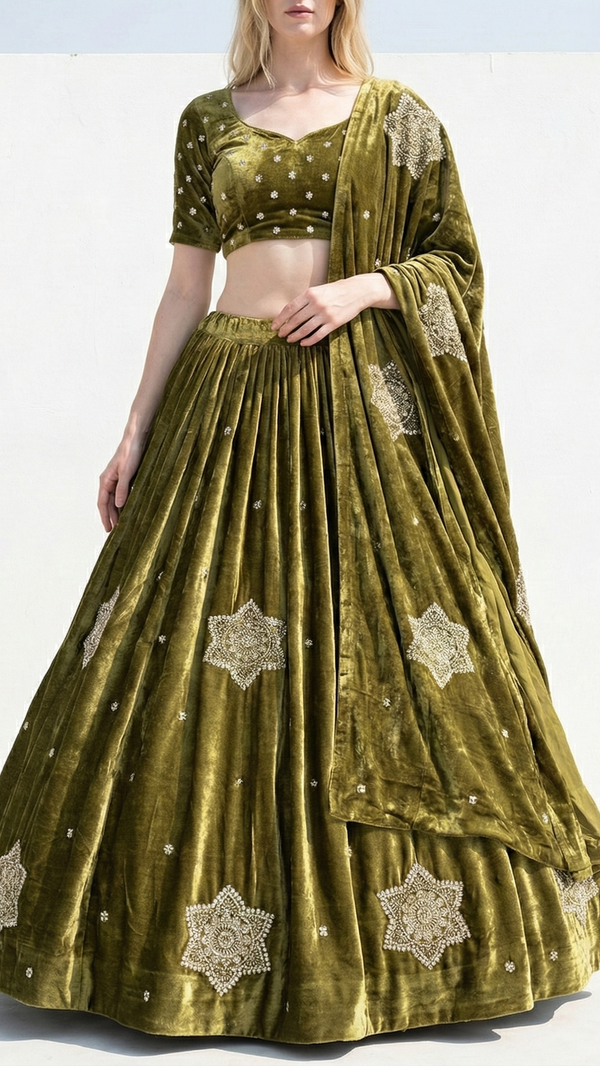 Mehendi Green Velvet Fabric With All Over Buti Of Sequins, Katdana and Bead 20985