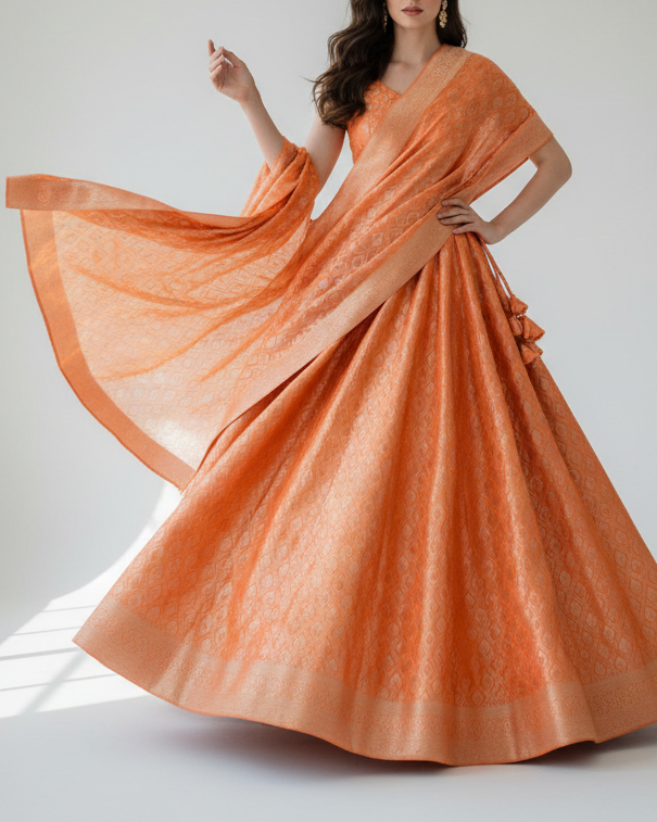 Orange Banarasi Brocade Fabric With All Over Thread And Golden Zari Handloom 16788