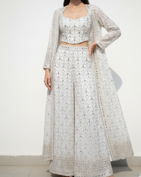 White Dyeable Silk Fabric With All Over Zari, Faux Mirror And Sequins Work With One Side Border 21587