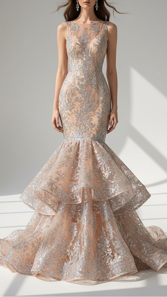 Peach Imported Net Fabric With All Over Bead And Sequins Work 22089
