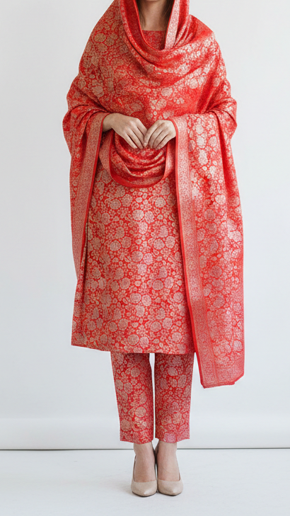 Red Banarasi Brocade Fabric With All Over Thread And Zari Handloom 20797