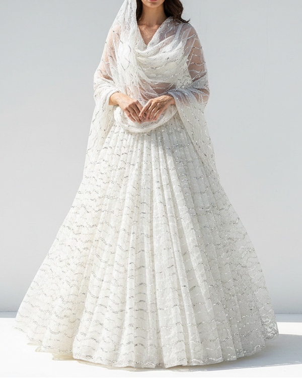 The Noor - White Dyeable Net Fabric With All Over Stripes Of Katdana, Sequins And Beads Work | 21594