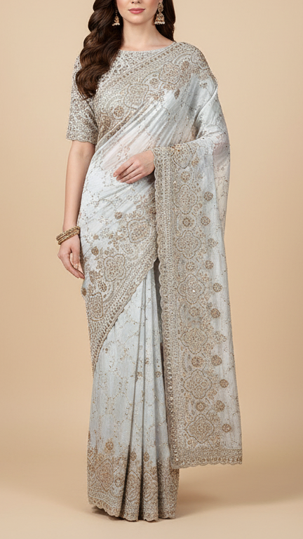 White Dyeable Crepe Fabric With All Over Zari, Sequins, Katdana And Bead Work 16871
