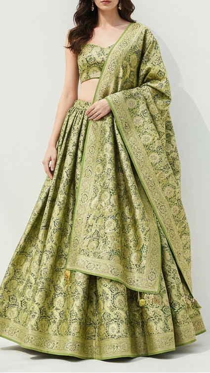 Light Green Banarasi Brocade Fabric With All Over Thread And Zari Handloom 21276