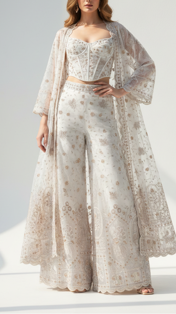 White Dyeable Georgette Fabric With All Over Katdana, Sequins, Zari And One Side Net Cutwork Border 19004