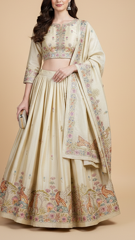 Golden Dyeable Tissue Fabric With All Over Zari, Sequins And Thread  Work With One Side Border 19934