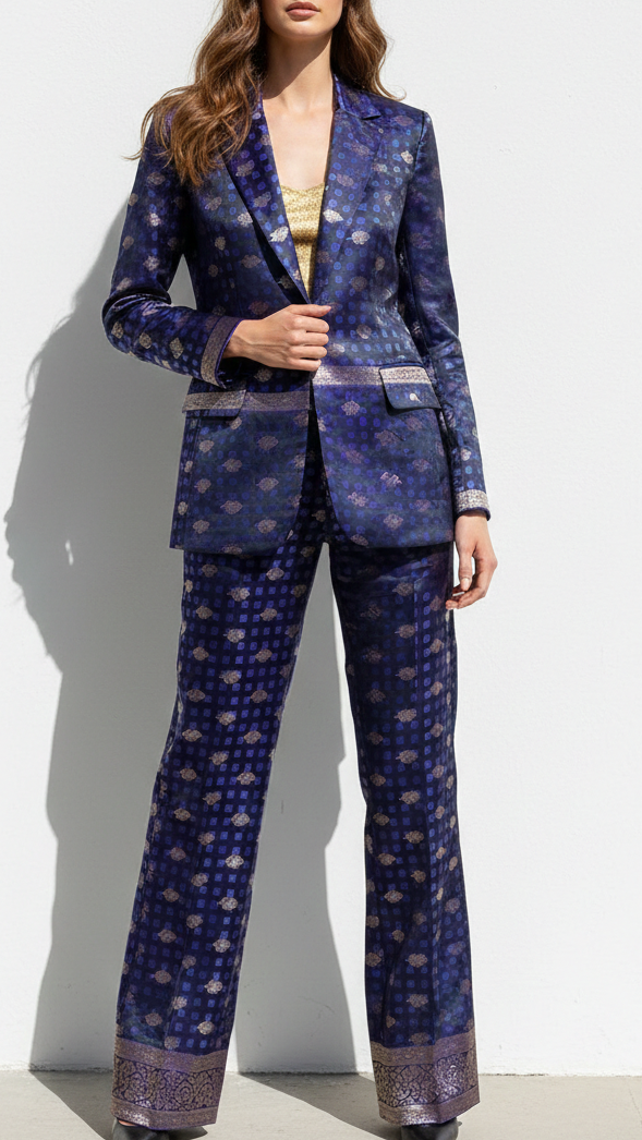 Navy Blue Banarasi Brocade Fabric With All Over Thread And Zari Handloom 21358