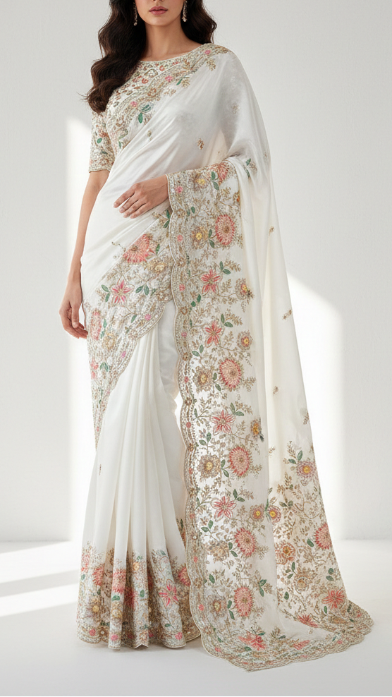 White Dyeable Crepe Fabric With All Over Buti Of Katdana, Bead And Sequins Work With One Side Scalloped Border 21719
