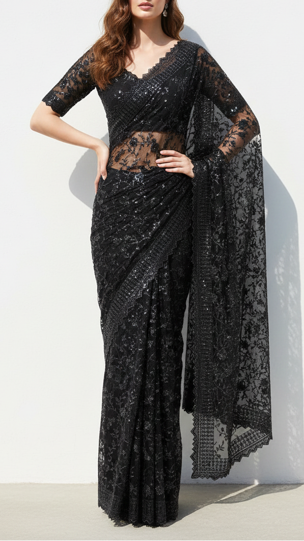 Black Imported Net Fabric With All Over Katdana, Bead And Sequins Work With One Side Scalloped Border 22036