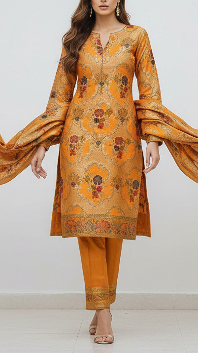 Mustard Pure Banarasi Brocade Fabric With All Over Thread And Zari Handloom 16633