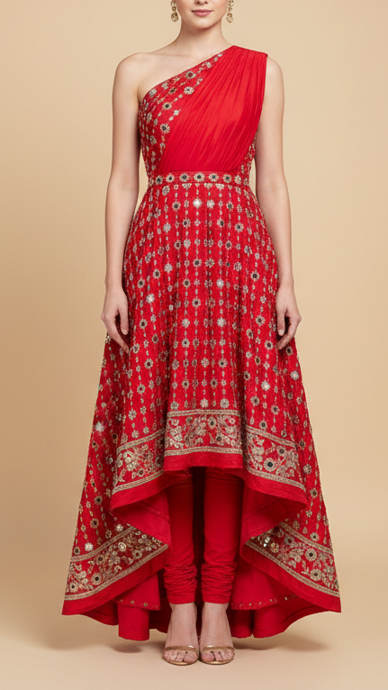 Red Crepe Fabric With All Over Sequins, Katdana, Zari, Mirror And Bead Work With One Side Border 19990