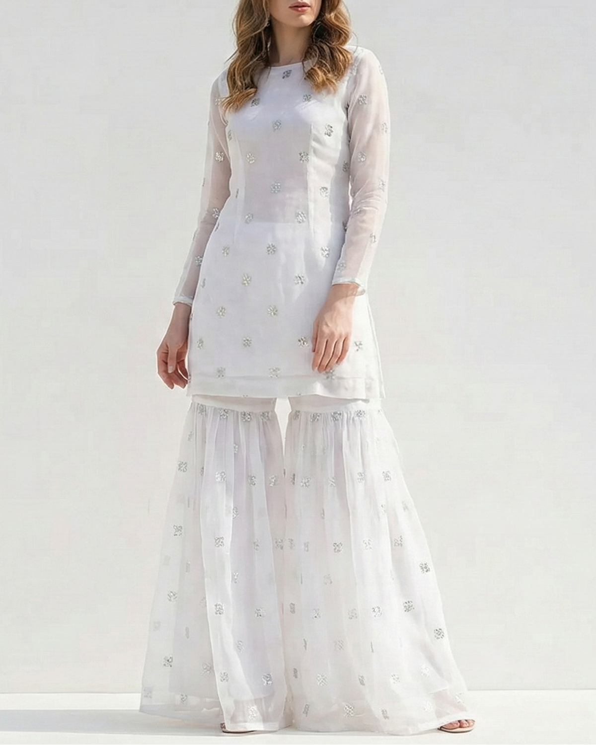 White Dyeable Organza Fabric With Allover Buti Of Silver Katdana, Bead And Sequins Work 21104