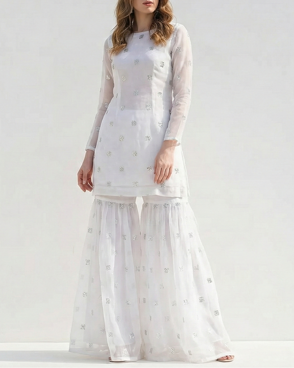White Dyeable Organza Fabric With Allover Buti Of Silver Katdana, Bead And Sequins Work 21104