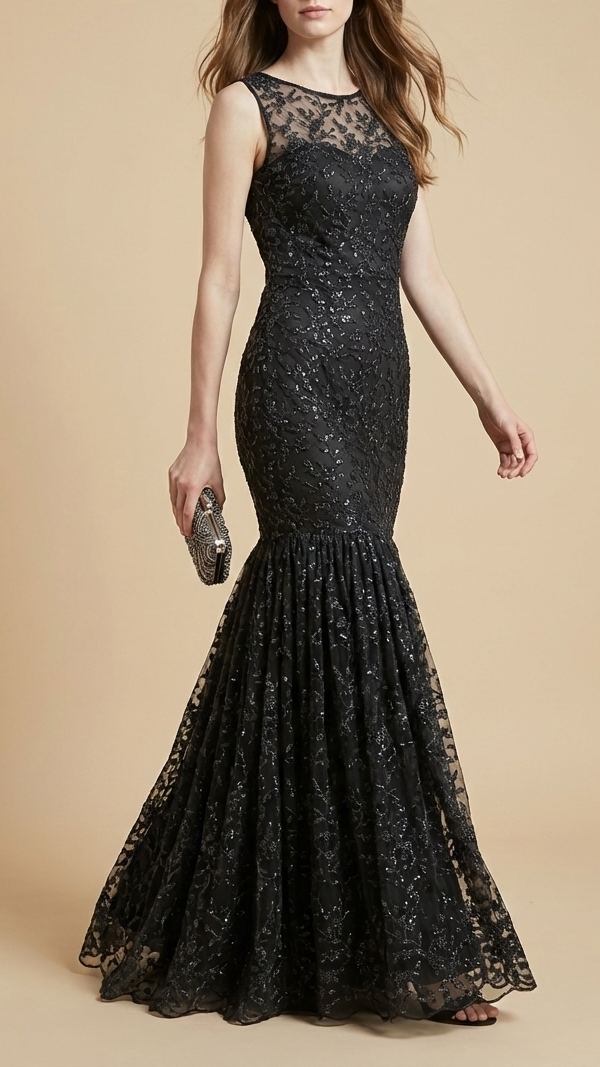 Black Imported Net Fabric With All Over Thread, Bead And Sequins With Two Side Scalloped Edges 20616