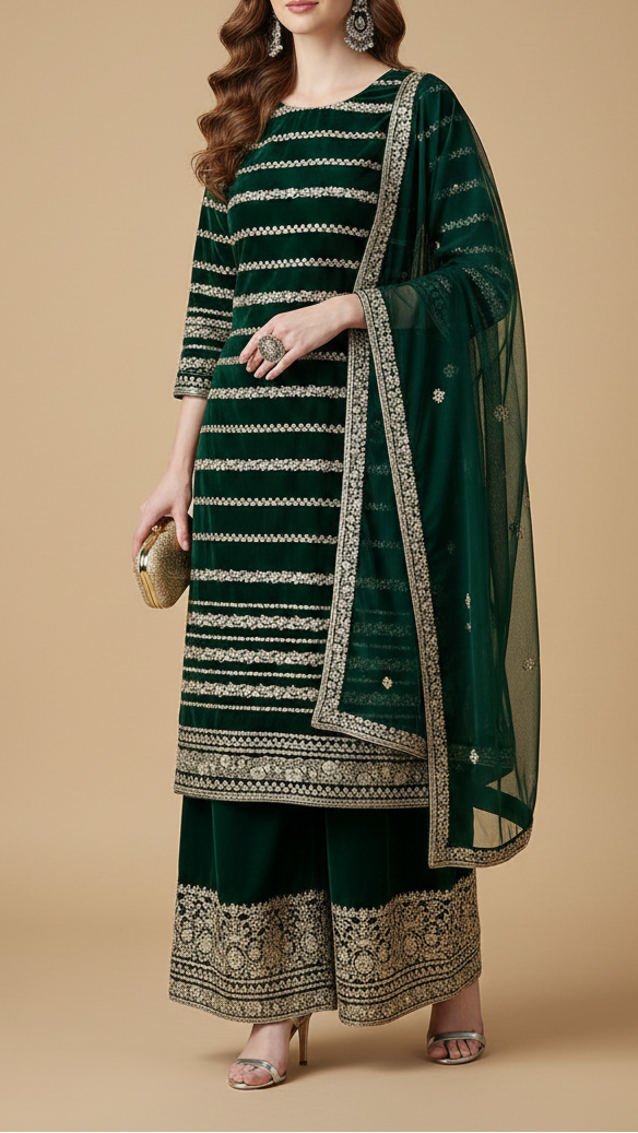 Bottle Green Velvet Fabric With All Over Golden Zari Work And One Side Border 20535