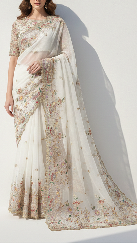 White Dyeable Georgette Fabric With All Over Buti Of Sequins, Katdana And Bead Work With One Side Border 21721