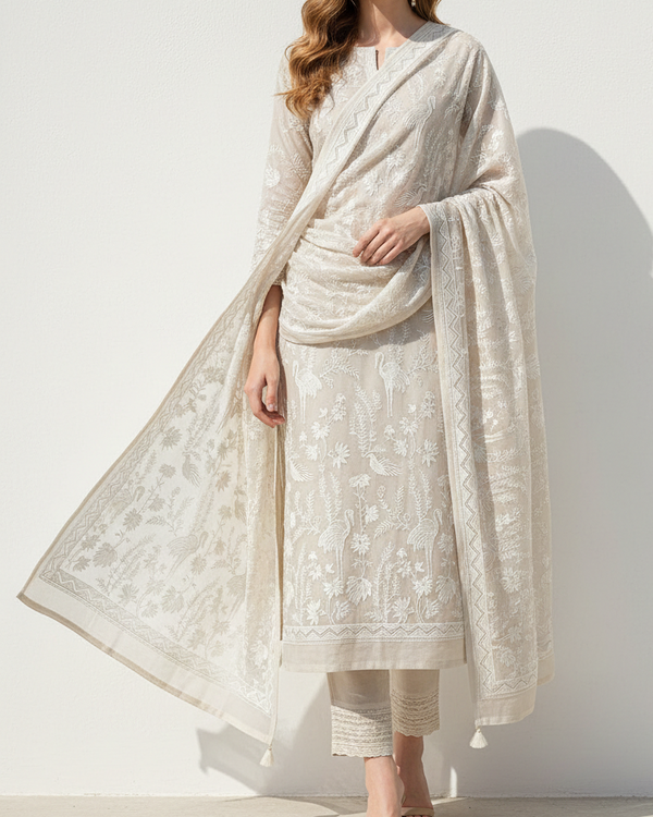 White Dyeable Silk Fabric With All Over Bird Motif Of Thread And sequins Work 21589
