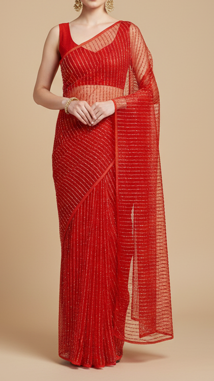 Red Net Fabric With All Over Pearl And Bead Work  15753