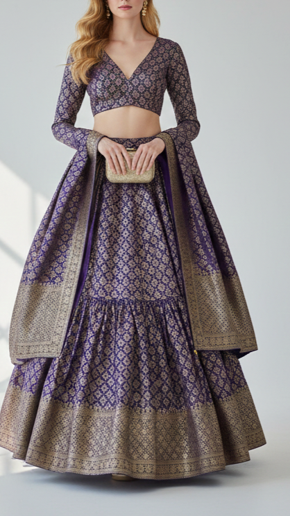 Purple Banarasi Brocade Fabric With All Over Golden Zari Handloom 21050