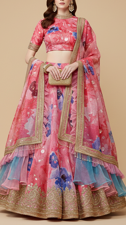 Pink Organza Fabric with All-Over Print, Katdana and Pearl Work 15234