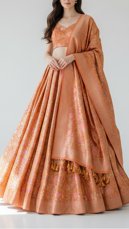 Peach Banarasi Brocade Fabric With All Over Golden Zari Handloom 21300