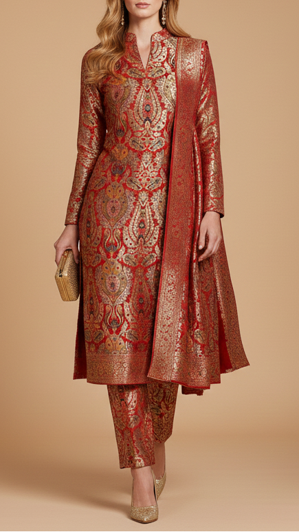 Red Pure Banarasi Brocade Fabric With All Over Thread And Zari Handloom 20431
