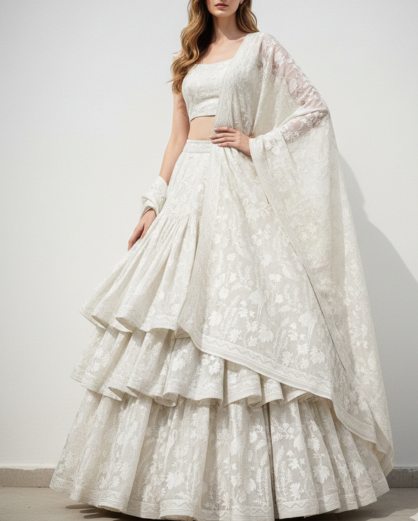 White Dyeable Silk Fabric With All Over Bird Motif Of Thread And sequins Work 21589