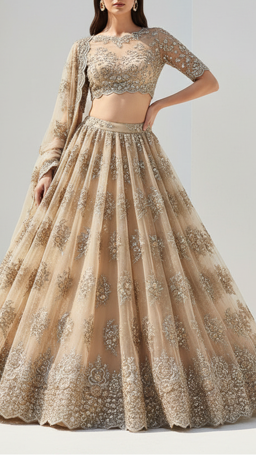 Grey Imported Net Fabric With All Over Sequins And Bead Work With One Side Scalloped Border 22039