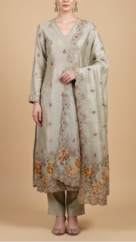 Mustard Tissue Fabric With All Over Buti Of Thread, Sequins And Katdana With One Side Heavy Work Border 16363