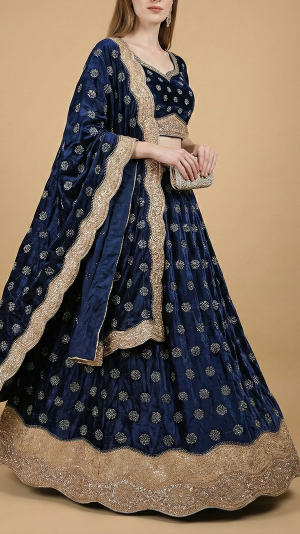 Navy Blue Velvet Fabric With All Over Buti Of Katdana And Bead With One Side Border 20625