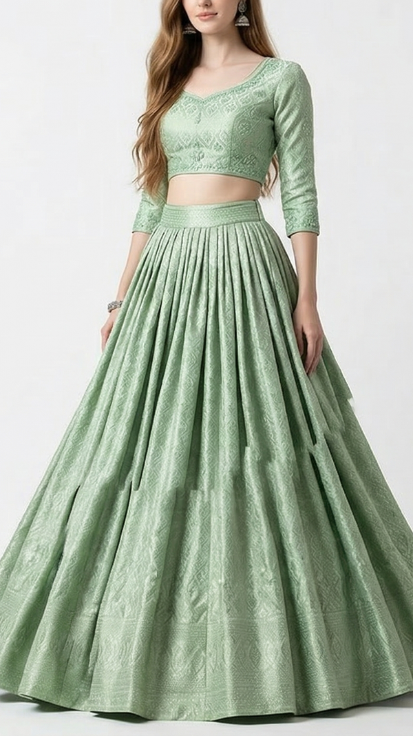 Mint Green Banarasi Brocade Fabric With All Over Self Work 22467