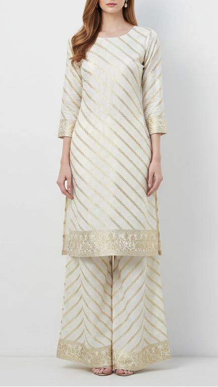 White Dyeable Banarasi Brocade Fabric With All Over Stripes Of Golden Zari Handloom 21928