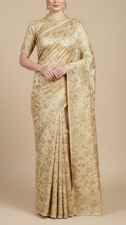 Cream Crepe Fabric With All Over Sequins, Bead And Zari  19951